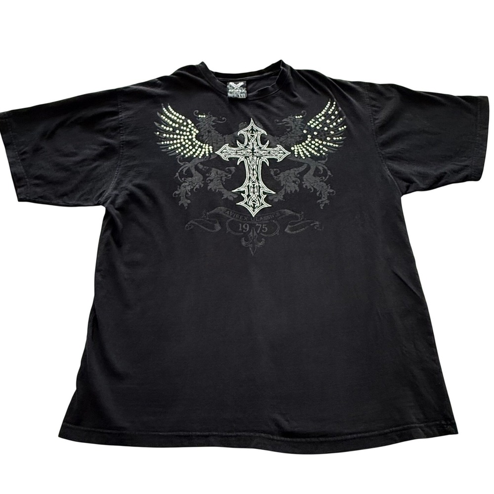 Avirex Classics 1975 Mens XXL Black Gothic Cross Winged Graphic T-Shirt Studded